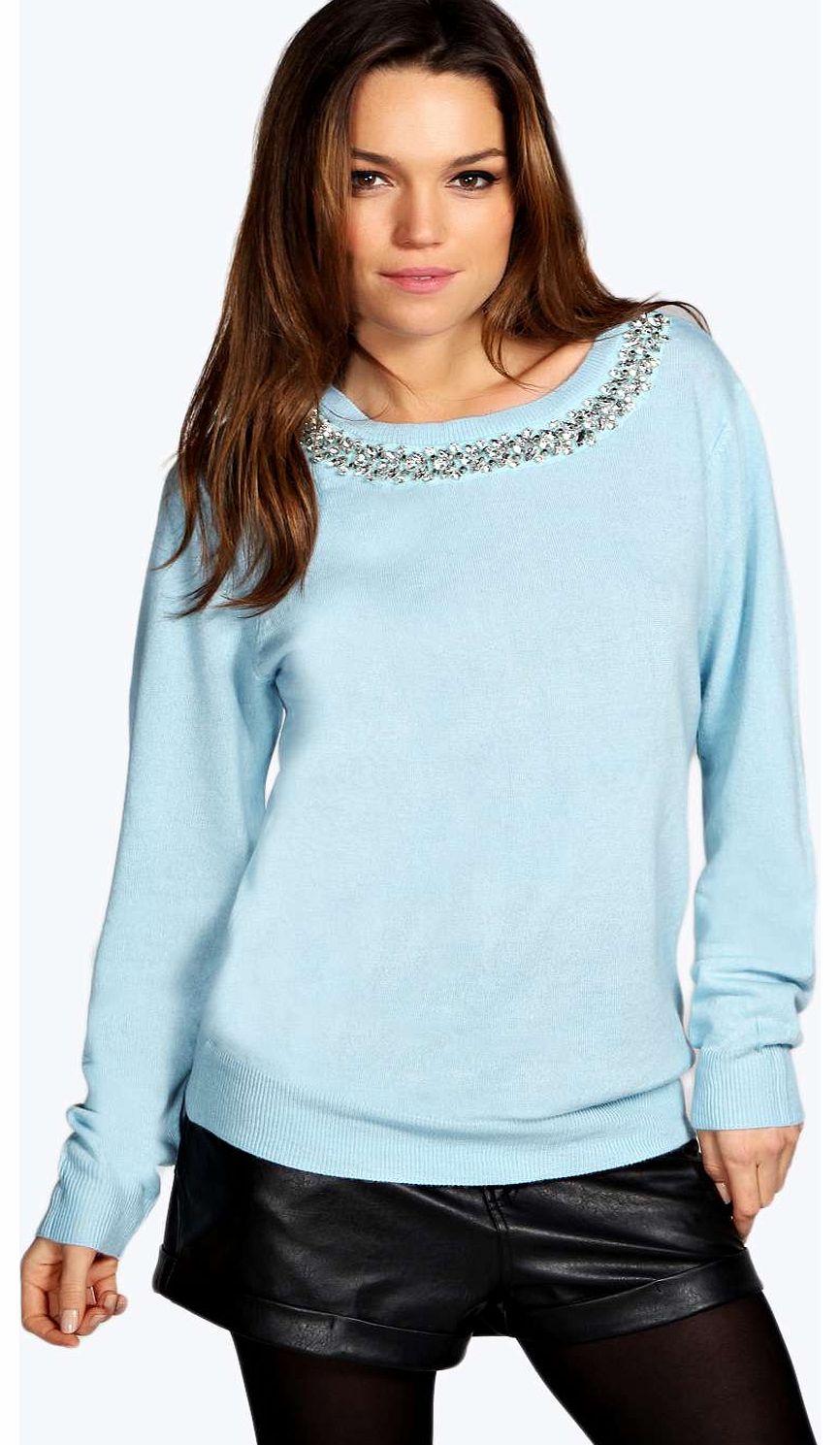 Alena Embellished Neck Lace Jumper - blue azz14068