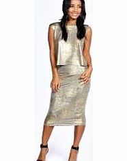 boohoo Alice Foil Print Midi Bodycon Skirt - gold