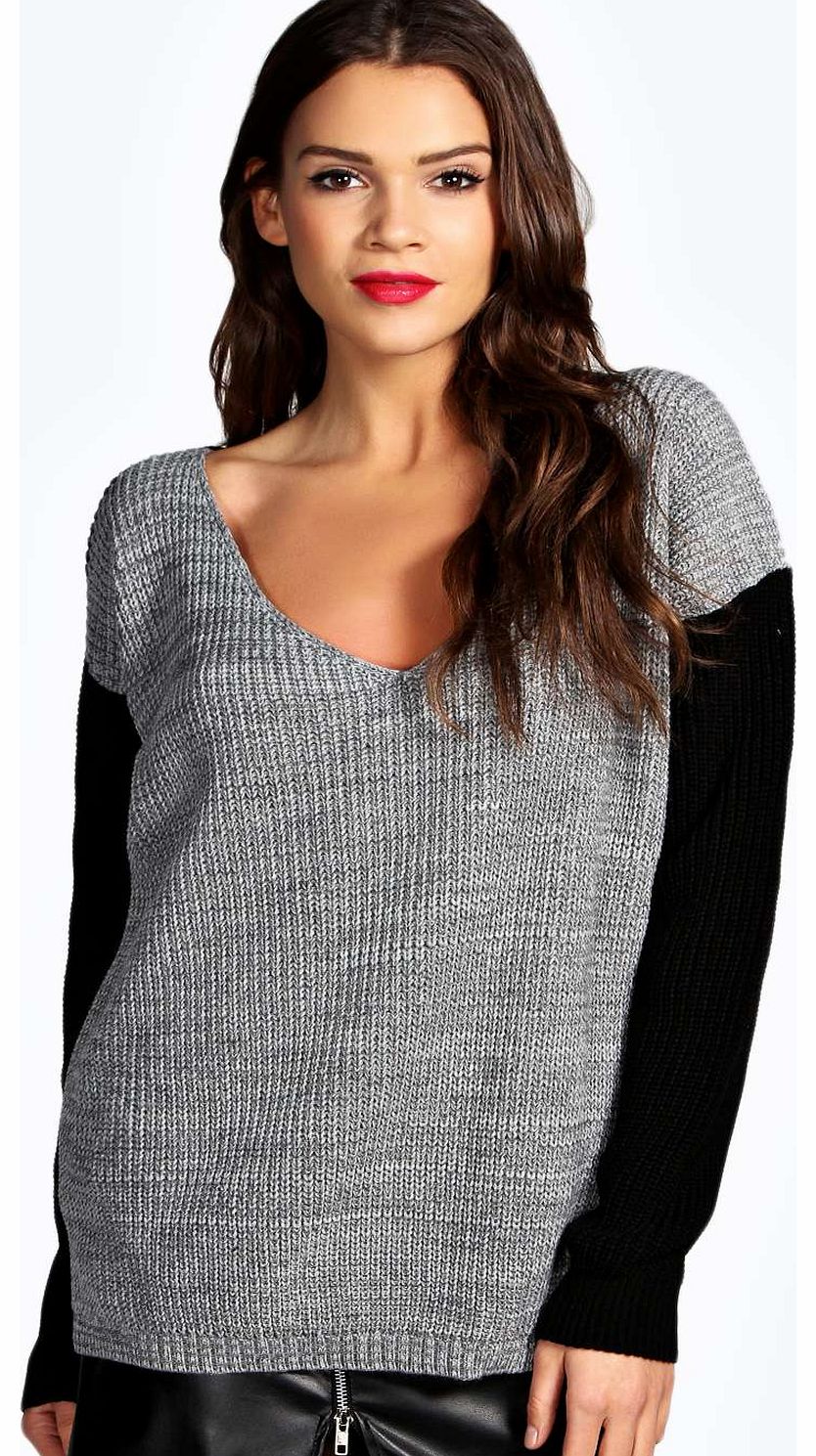 Alina Contrast Body V Neck Jumper - grey azz14841