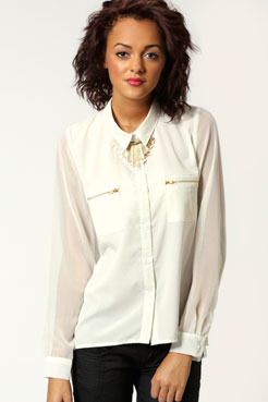 boohoo Alison Woven Mix Chiffon Zip Detail Blouse Female