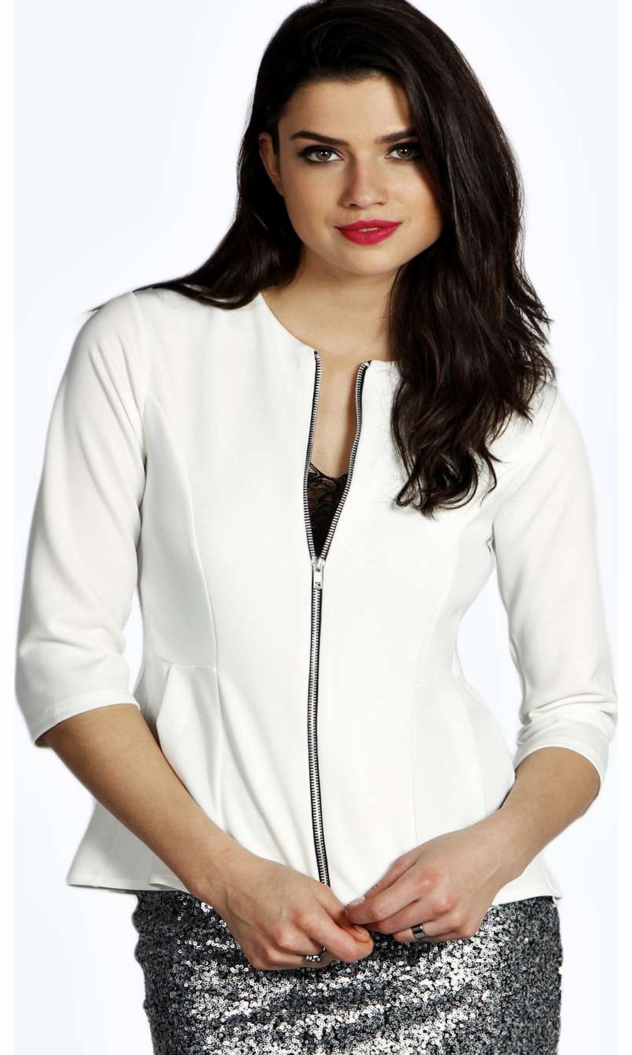 boohoo Aliyah Zip UP Peplum Blazer - cream azz15563
