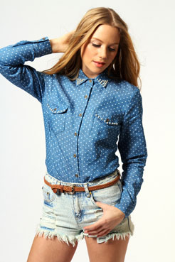Alma All Over Denim Blouse With Pearls Female