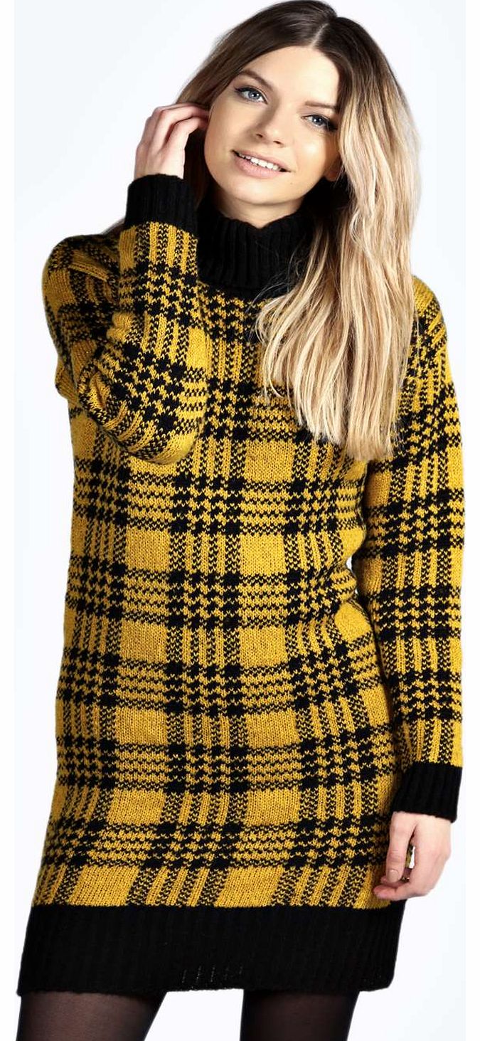 Alza Soft Knit Dogtooth Roll Neck Jumper Dress -