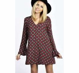 boohoo Amanda Printed Angel Sleeve Shift Dress - rust