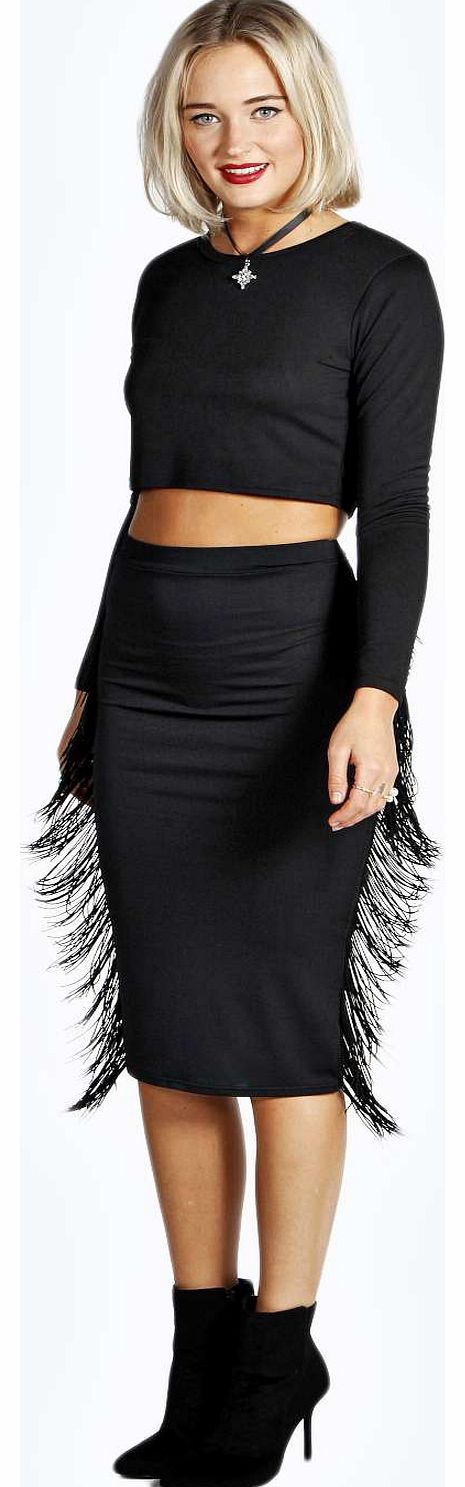 Amber Fringe Side Detail Midi Bodycon Skirt -