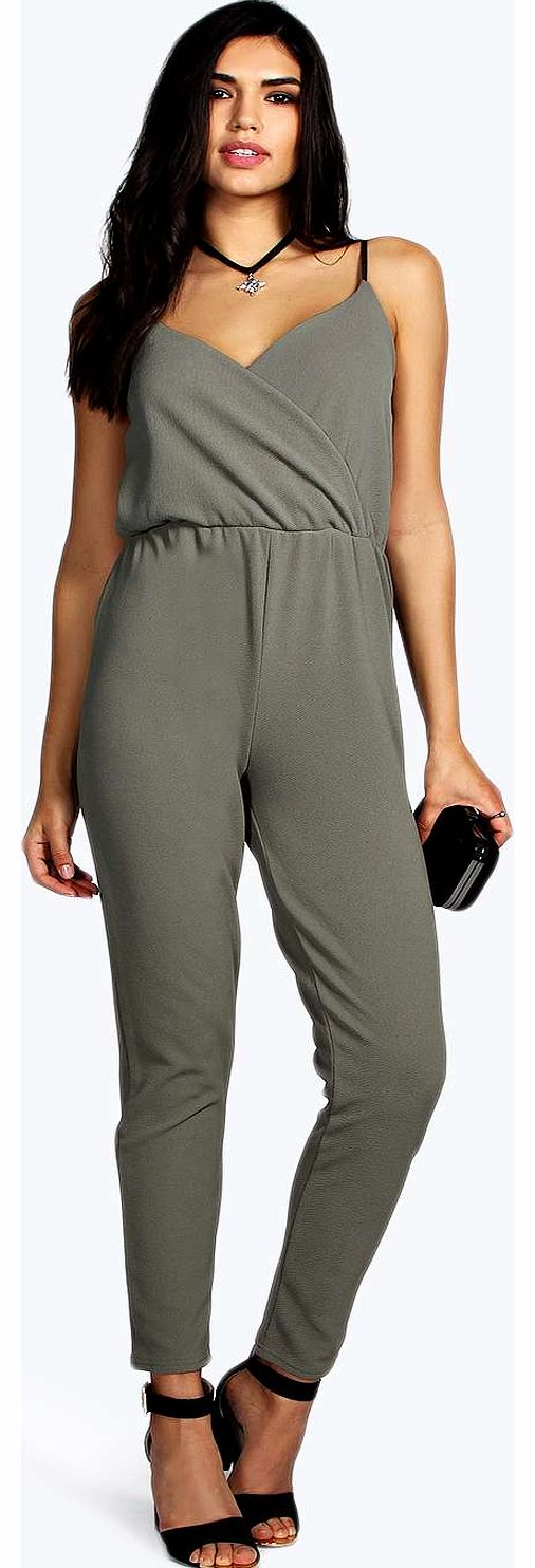 boohoo Amelia Cami Wrap Crepe Jumpsuit - khaki azz18523