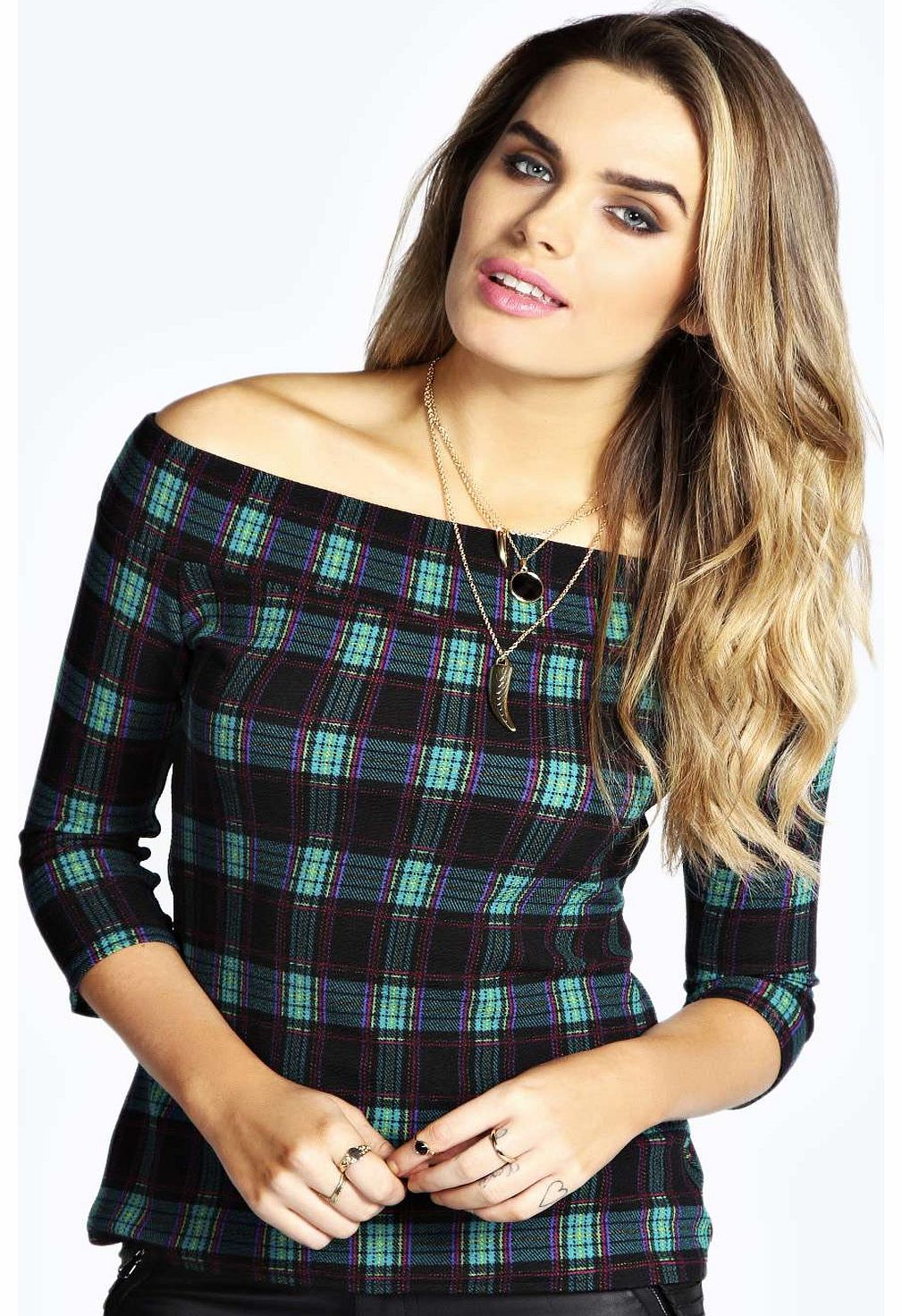 Amelie Tartan Off The Shoulder Top - green