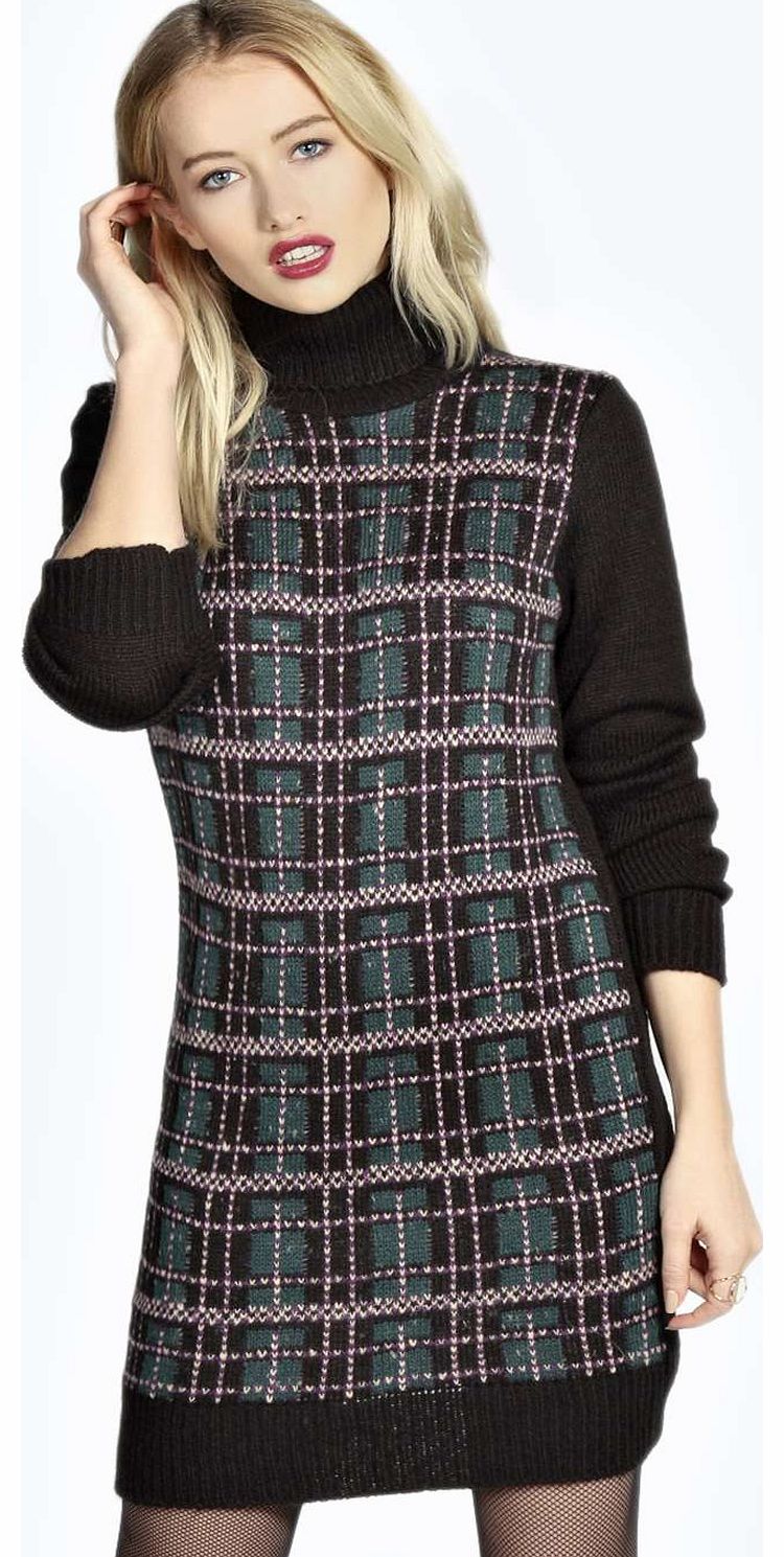 Amiyah Soft Knit Tartan Roll Neck Jumper Dress -