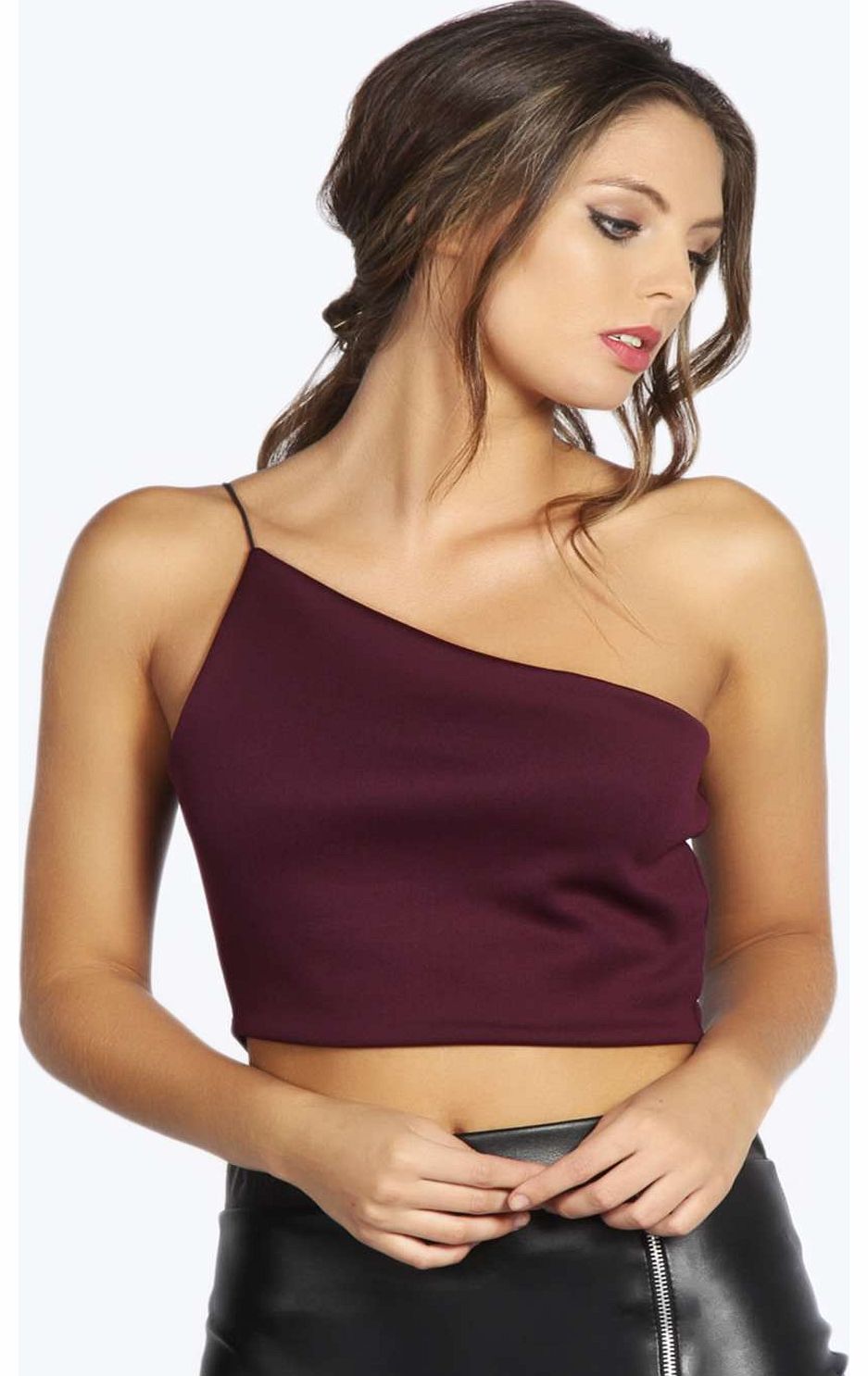 boohoo Amy One Shoulder Spaghetti Strap Crop - plum