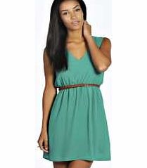 boohoo Amy V Front Sleeveless Skater Dress - bottle
