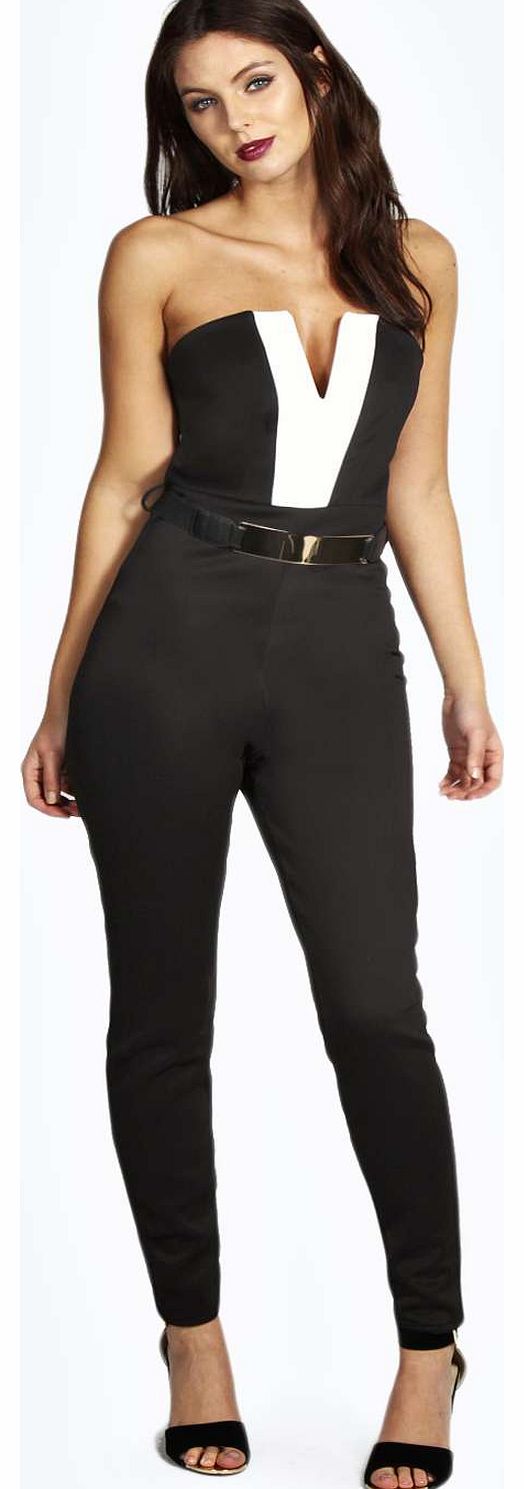 boohoo Amya Bandeau Contrast Gold Belted Jumpsuit -