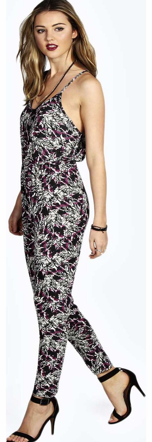boohoo Anistacia Abstract Print Strappy Jumpsuit - plum