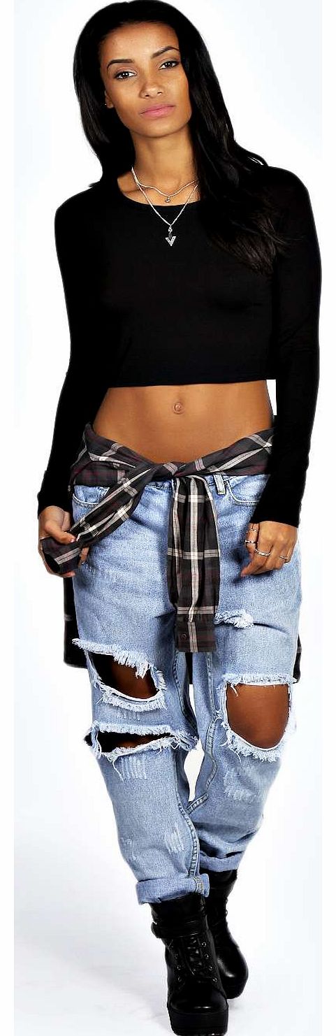 boohoo Anna Long Sleeve Open Back Crop Top - black