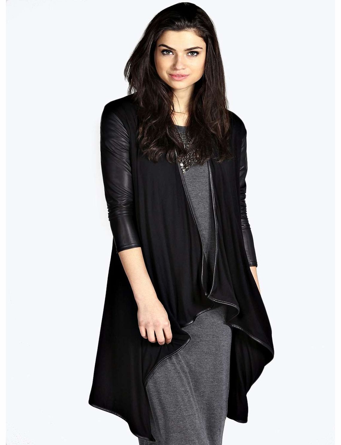 boohoo Annabel PU Sleeve Waterfall Jersey Cardigan -