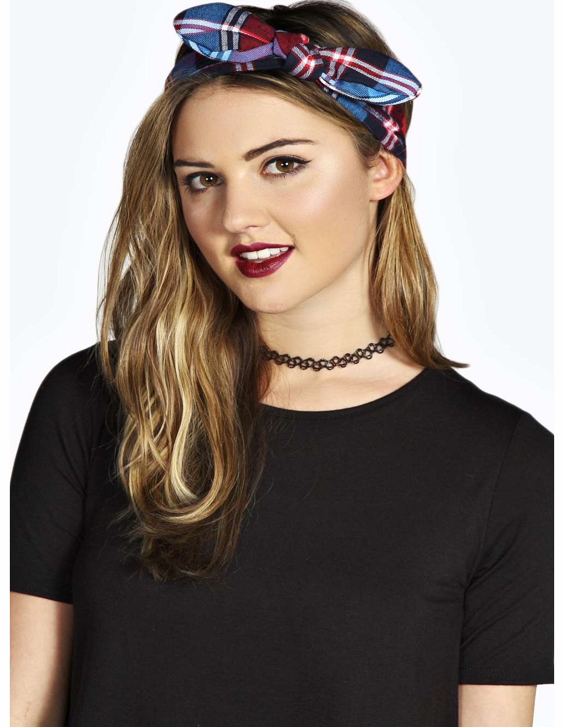 boohoo Annabell Tartan Bow Headband - blue azz14730