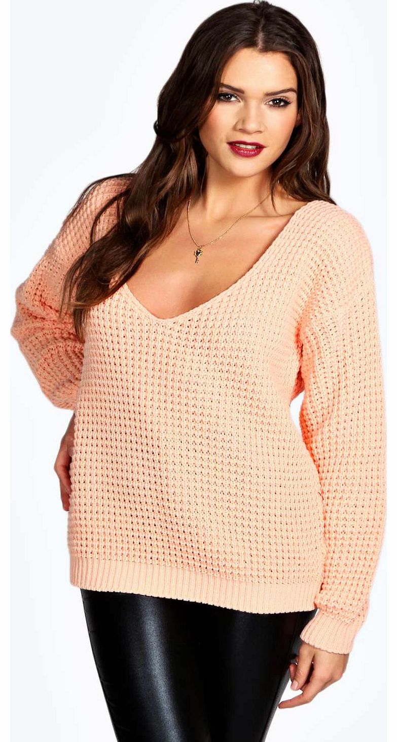 boohoo Annabelle Waffle Knit V Neck Jumper - apricot