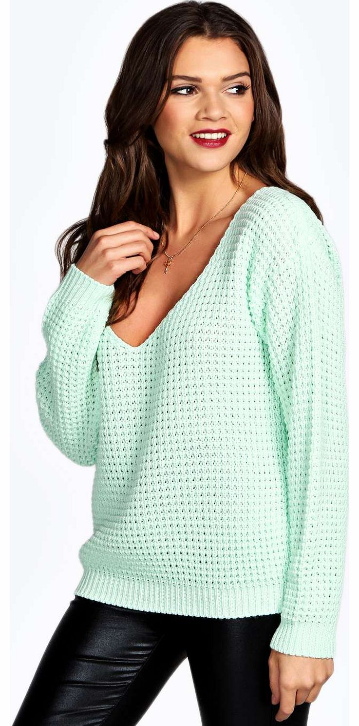 boohoo Annabelle Waffle Knit V Neck Jumper - mint
