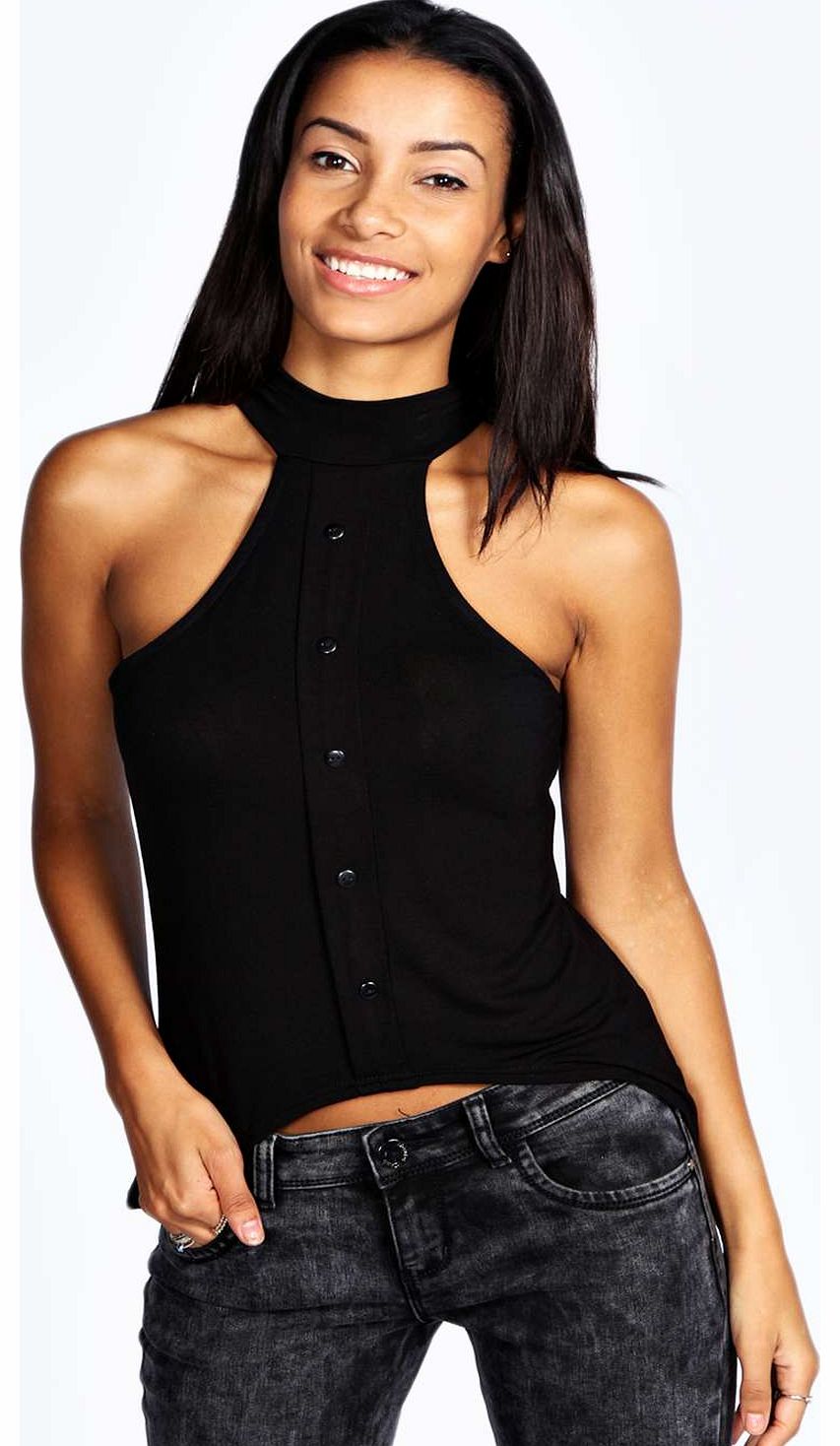 boohoo Annie Button Placket High Neck Top - black