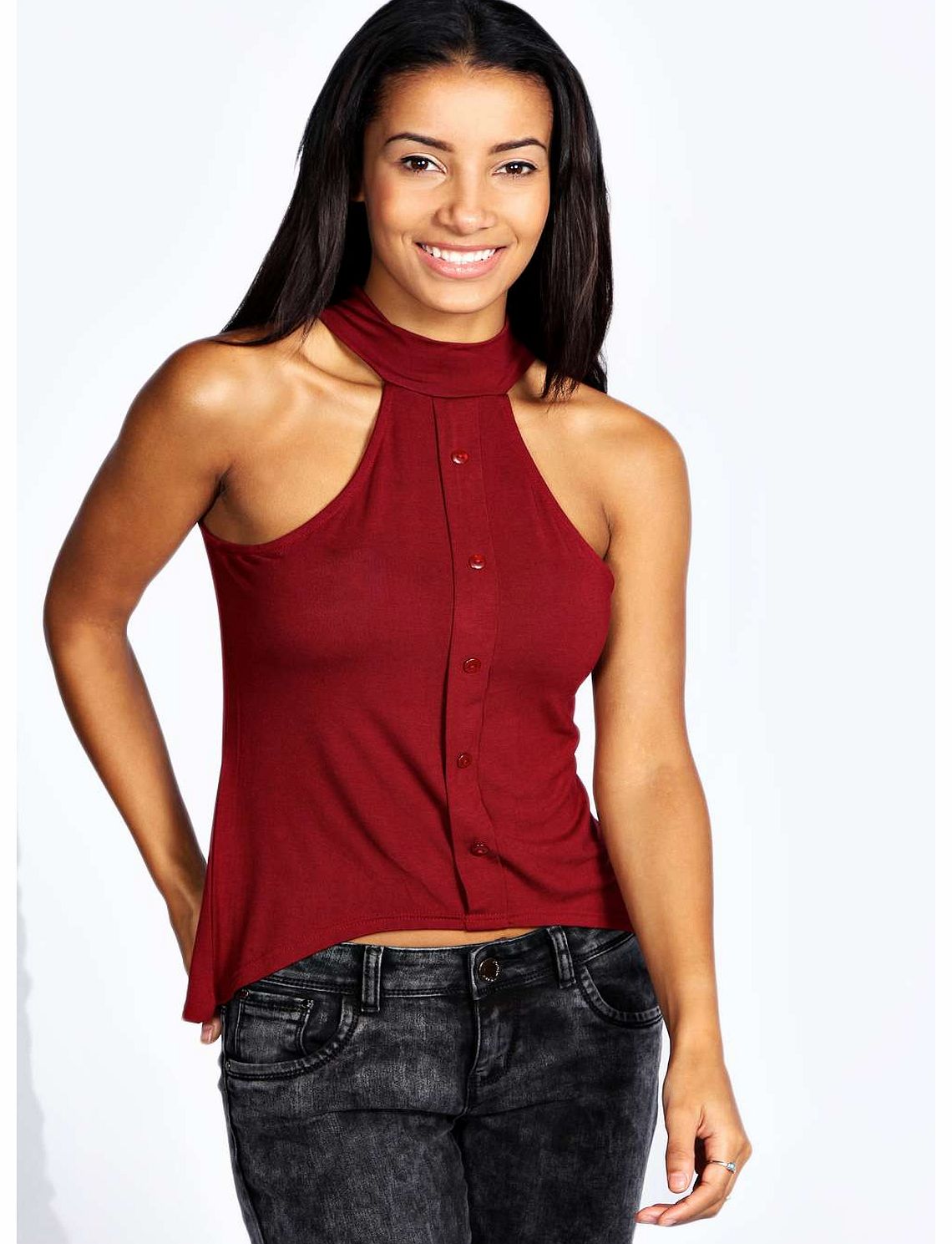 boohoo Annie Button Placket High Neck Top - wine azz18365