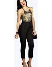 boohoo Arial Strappy Brocade Top Jumpsuit - black