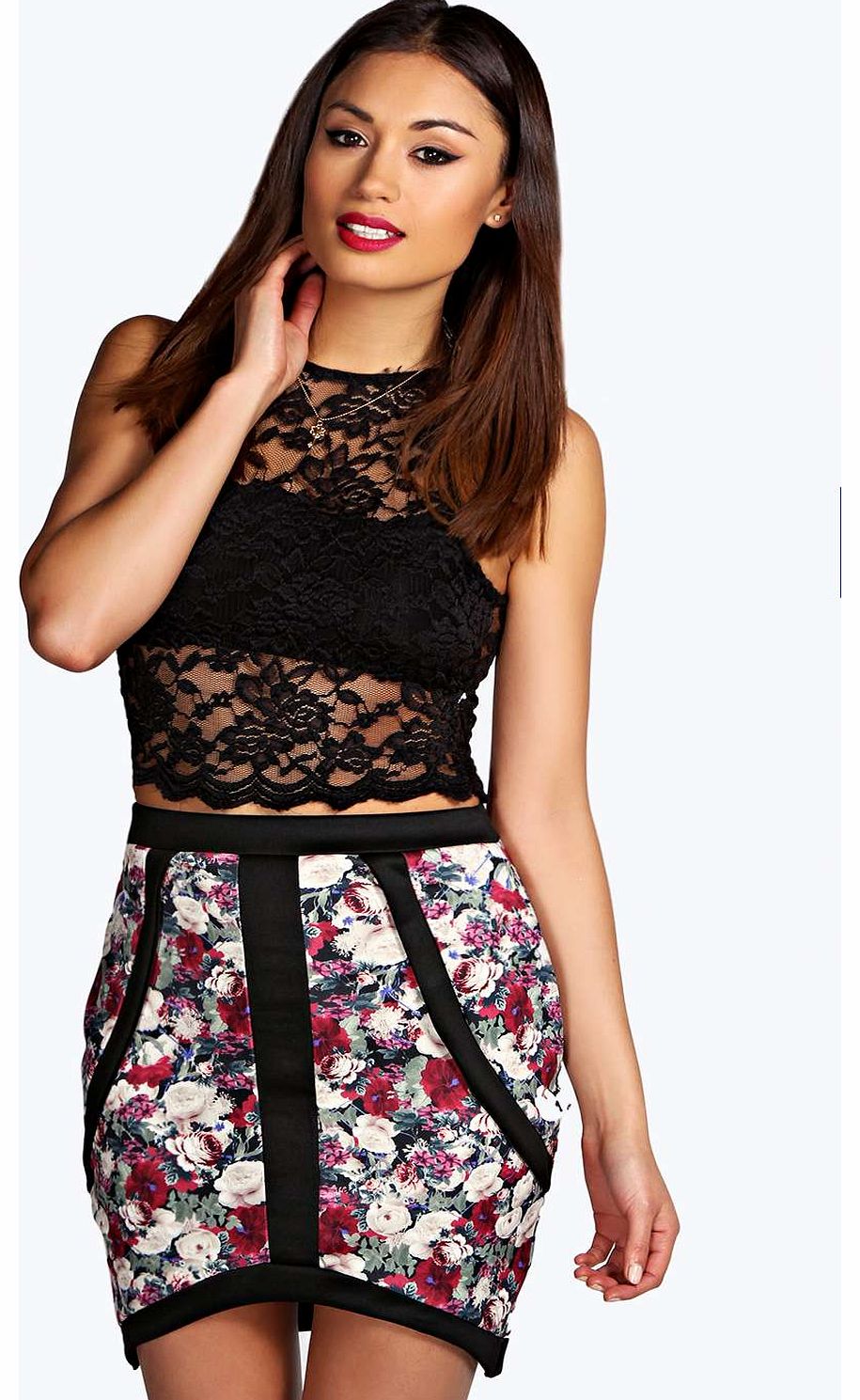 Arianna Floral Print Panelled Scuba Mini Skirt -
