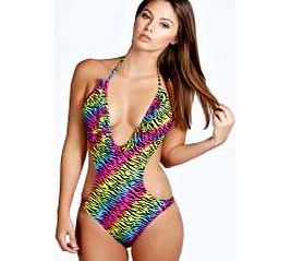 boohoo Aruba Ruffle Detail Plunge Swimsuit - multi