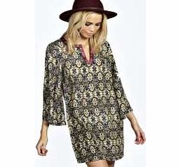 boohoo Ashleigh Printed Woven Trim Kaftan Dress - navy