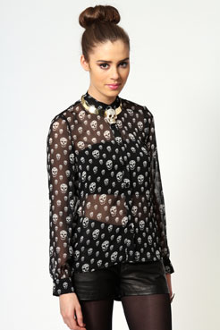 boohoo Ashley Skull Print Chiffon Blouse With Mesh Back
