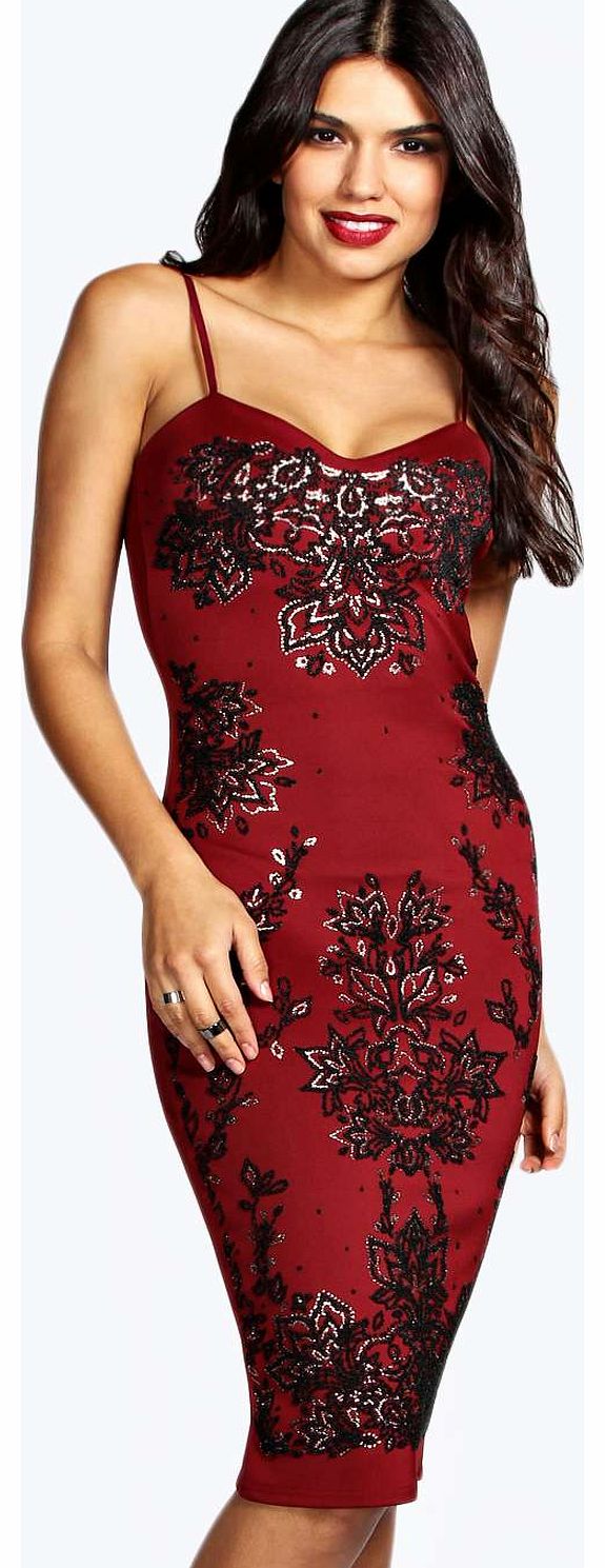 boohoo Ava Embellished Front Strappy Sweetheart Midi