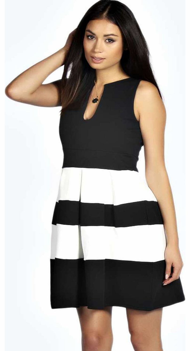Ava Monochrome Box Pleat Skater Dress - multi