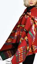 boohoo Aztec Print Hooded Festival Cape - red azz21795