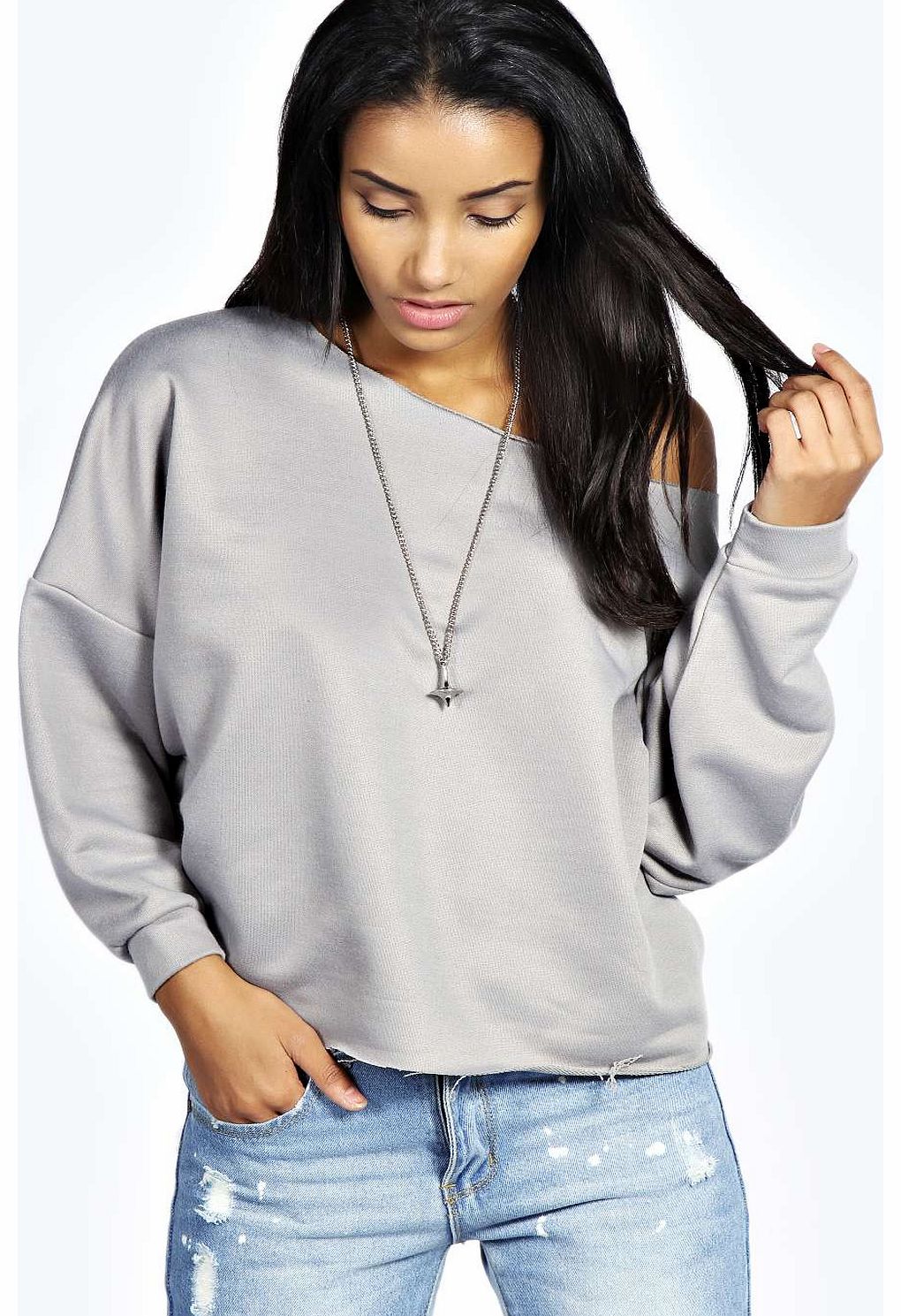 boohoo Beatrice Slash Neck Oversized Sweatshirt - grey