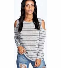 boohoo Becka Stripe Cold Shoulder Jumper - grey azz21279