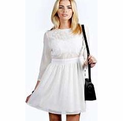 boohoo Belinda Embroidered Chiffon Skater Dress - cream