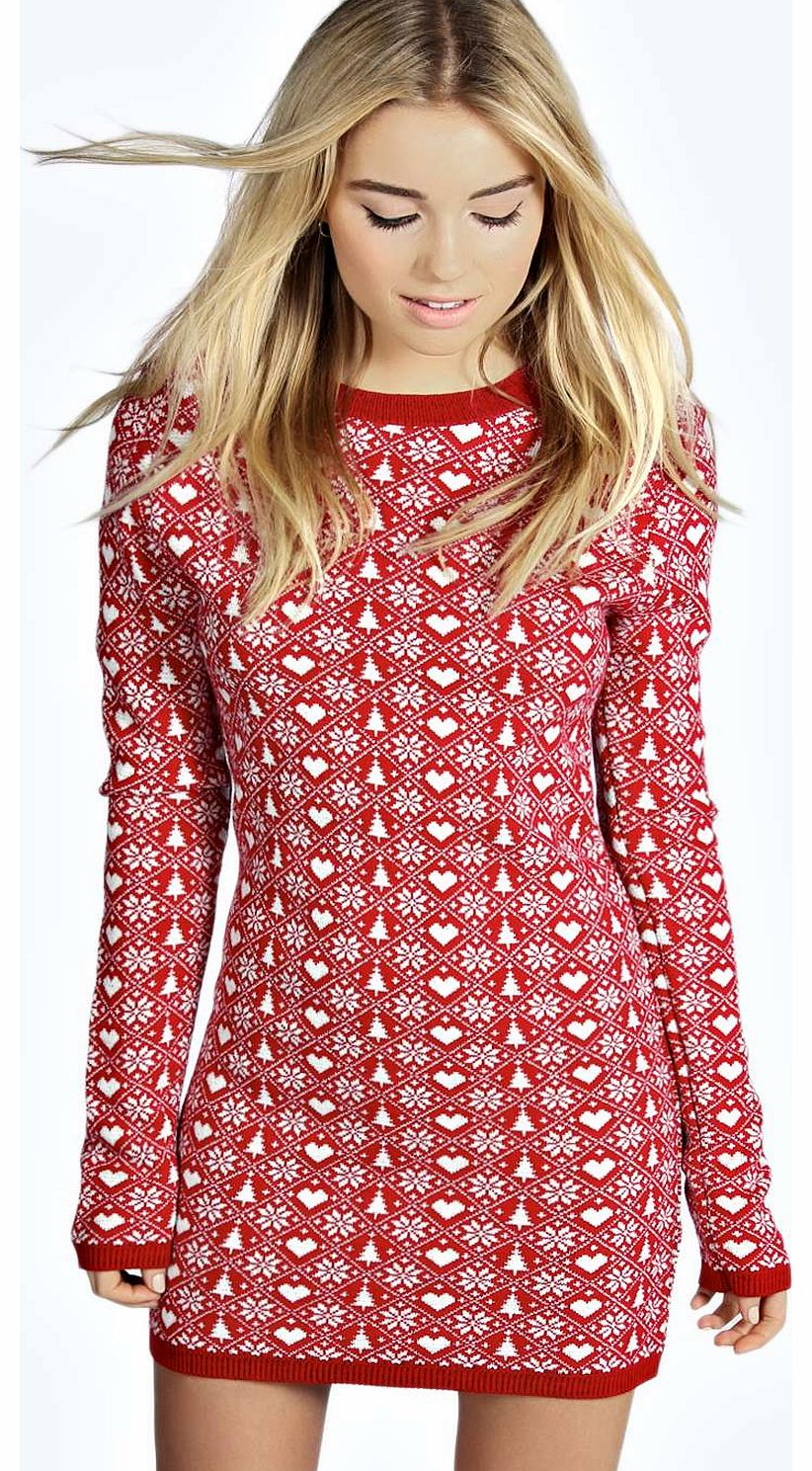 boohoo Bella Heart And Snowflake Christmas Jumper Dress