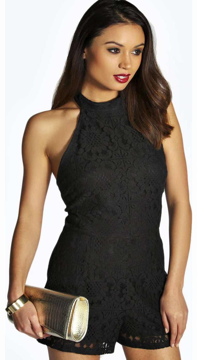 boohoo Betsy High Neck Lace Playsuit - black azz15678