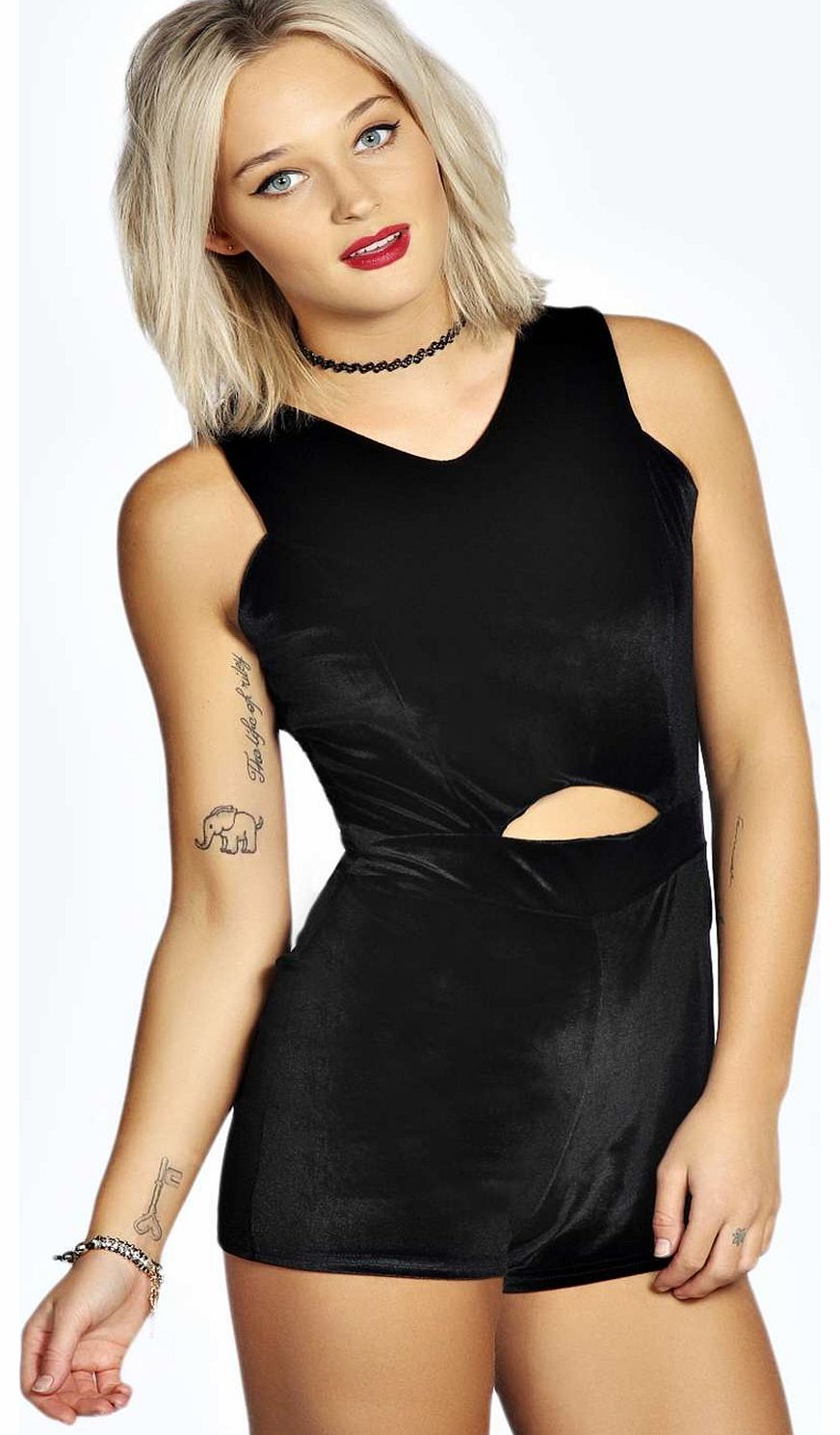 Blaire Cut Front Velvet Playsuit - black azz16077