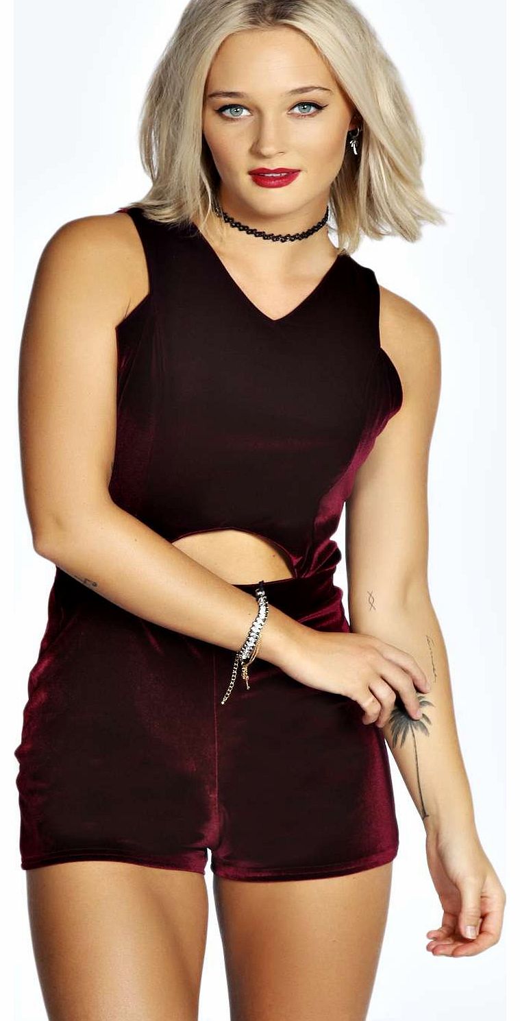 Blaire Cut Front Velvet Playsuit - wine azz16077