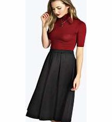 boohoo Box Pleat Midi Scuba Skater Skirt - black azz17664