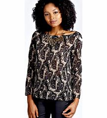 boohoo Bryonie Feather Print Dip Back Long Sleeve Top -