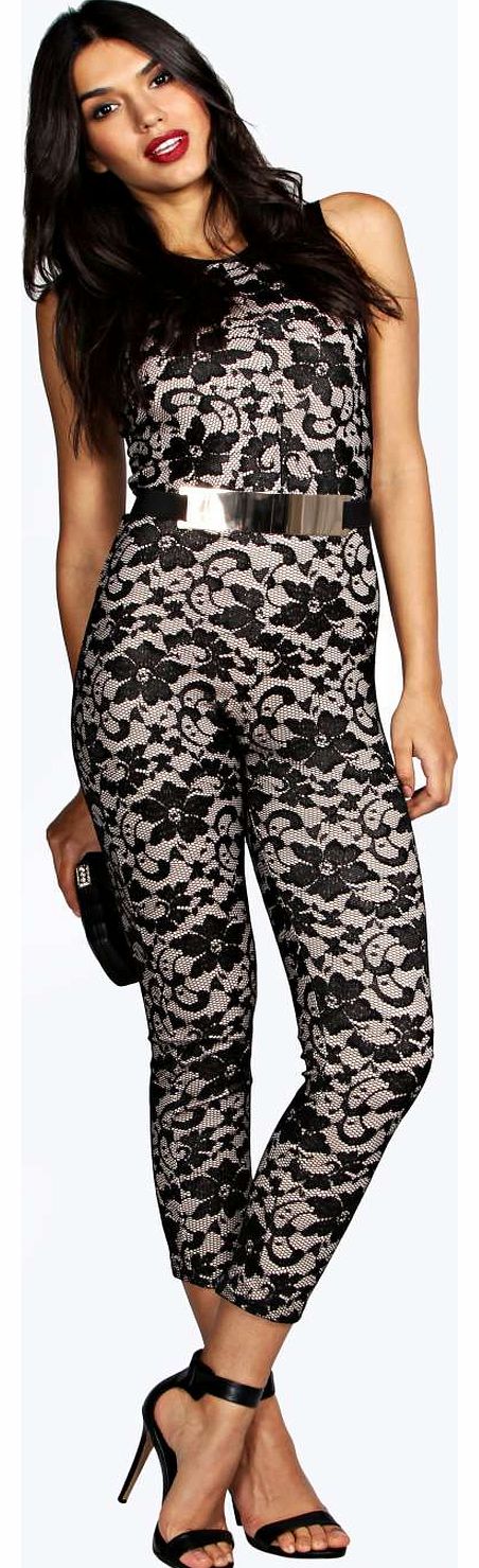 boohoo Caitlin Contrast Lace Belted Jumpsuit - black