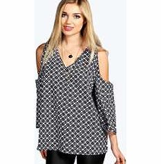 boohoo Caitlin V Neck Cold Shoulder Printed Blouse -