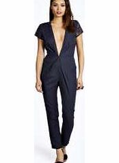 boohoo Cara Embroidered Mesh Plunge Neck Jumpsuit -