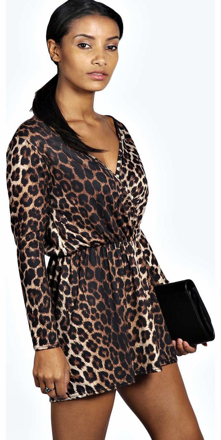 Carla Leopard Long Sleeve Wrap Front Playsuit -