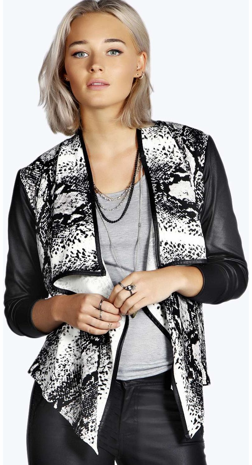 boohoo Carly Snake Print PU Sleeve Waterfall Jacket -