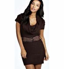 boohoo Cassie Cowl Neck Belted Knitted Dress - brown