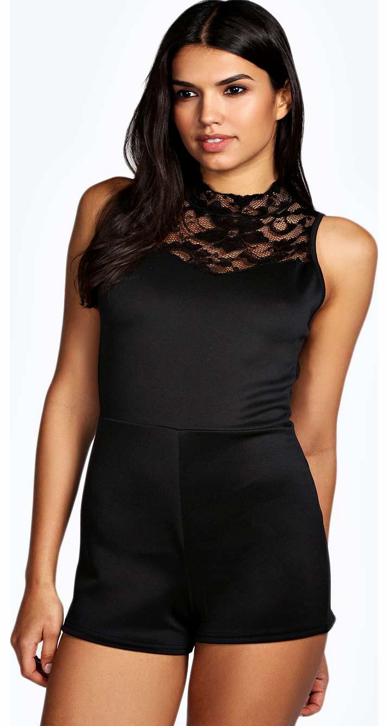 boohoo Cassie High Neck Lace Insert Sleeveless Playsuit
