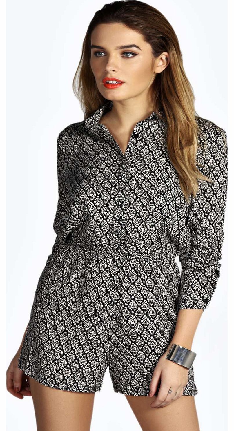Cayla Printed Woven Shirt Style Playsuit - black