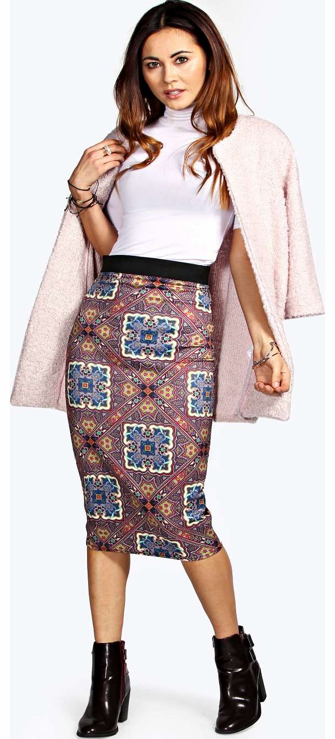 Cecillia Paisley Print Scuba Midi Skirt - multi