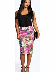 boohoo Celine Floral Print Bodycon Scuba Midi Skirt -